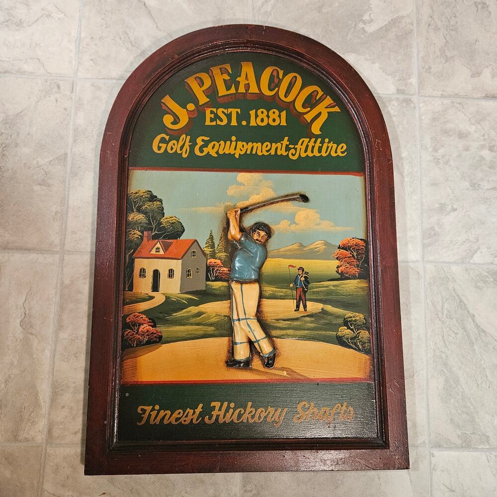 Vintage J Peacock Golf Equipment Sign Wood 3D Relief Pub Plaque Hickory Shafts